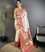 Off white soft kanjeevaram paithani silk zari weaving saree with contrast blouse piece