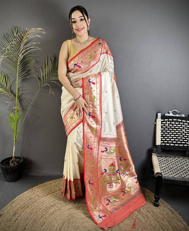 Off white soft kanjeevaram paithani silk zari weaving saree with contrast blouse piece