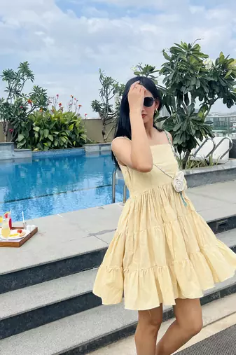 Yellow pure cotton mini summer floral dress