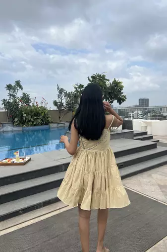 Yellow pure cotton mini summer floral dress