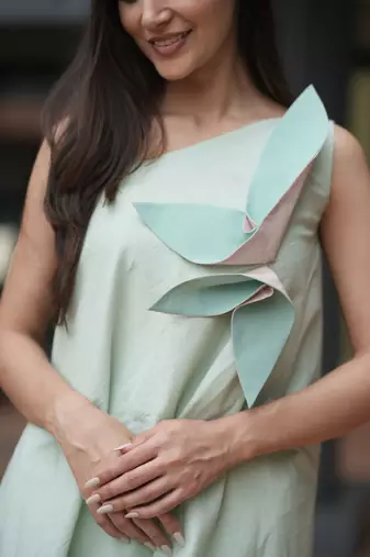 Mint green pure cotton a-line one shoulder mini floral summer dress