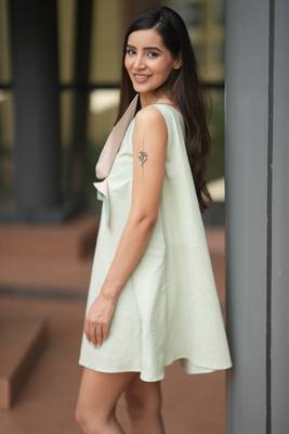 Mint green pure cotton a-line one shoulder mini floral summer dress 2