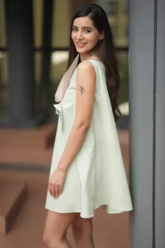 Mint green pure cotton a-line one shoulder mini floral summer dress
