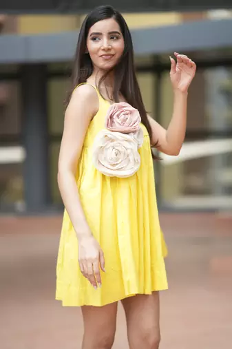 Lemon yellow pure cotton mini floral summer dress