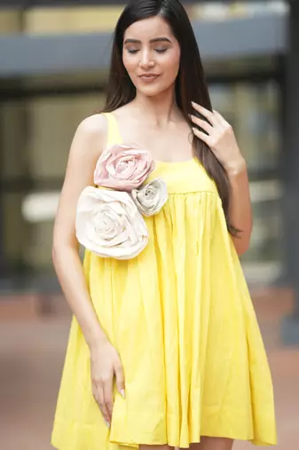 Lemon yellow pure cotton mini floral summer dress
