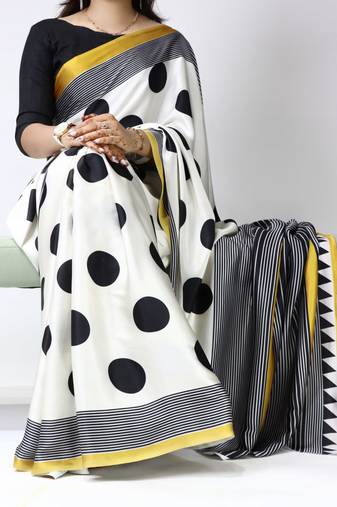 gold all over big polka dot printed work japan satin saree with unstitched blouse
