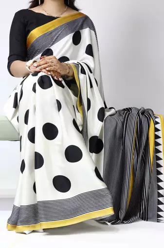 Gold color all over big polka dot printed work japan satin saree with unstitched blouse