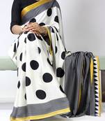 Gold color all over big polka dot printed work japan satin saree with unstitched blouse