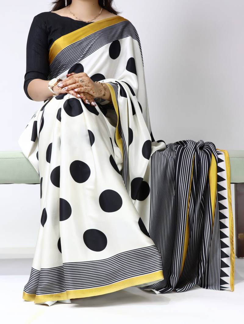 Gold color all over big polka dot printed work japan satin saree with unstitched blouse