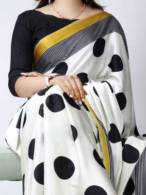 gold all over big polka dot printed work japan satin saree with unstitched blouse 2