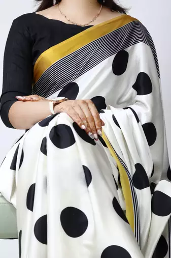 gold all over big polka dot printed work japan satin saree with unstitched blouse