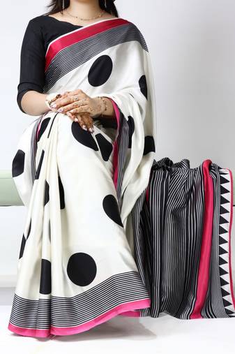 Maroon color all over big polka dot printed work japan satin saree with unstitched blouse