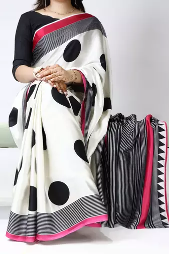 Maroon color all over big polka dot printed work japan satin saree with unstitched blouse