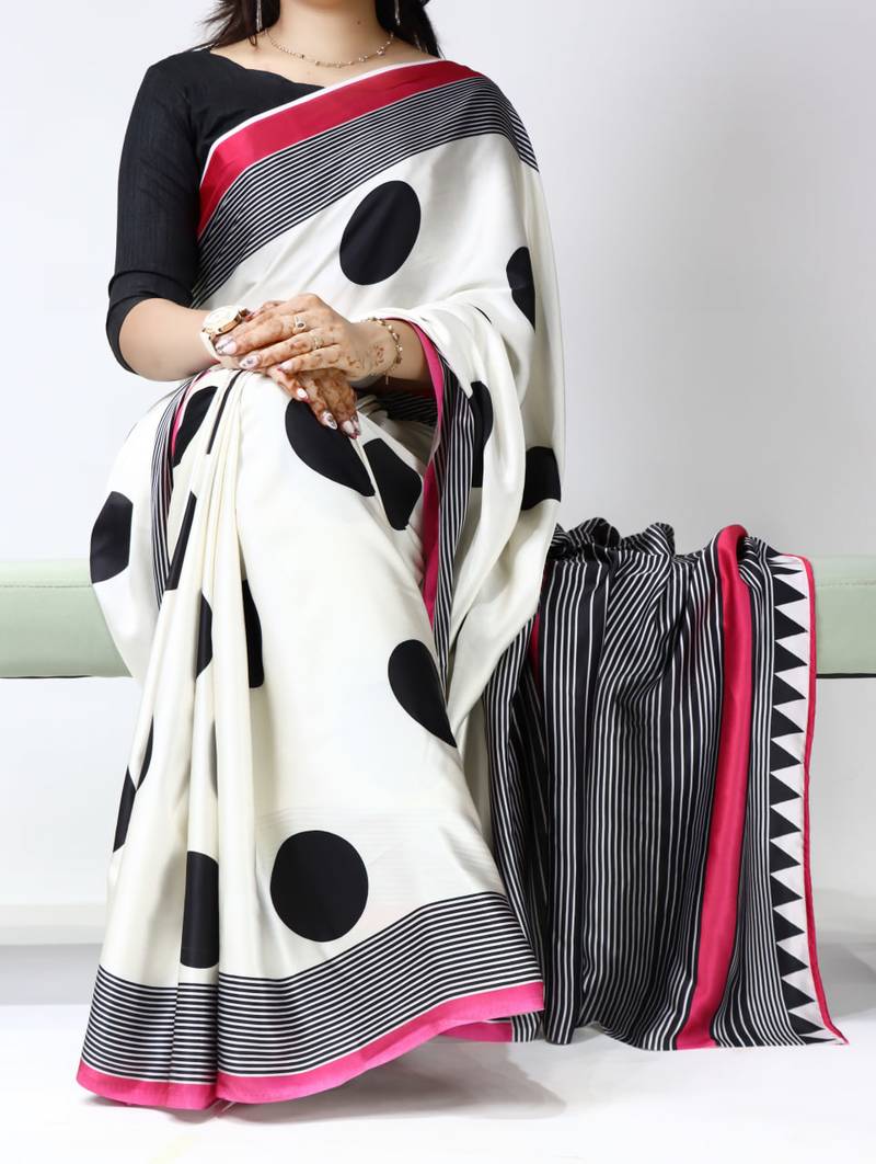 Maroon color all over big polka dot printed work japan satin saree with unstitched blouse