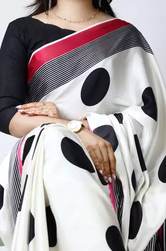maroon all over big polka dot printed work japan satin saree
