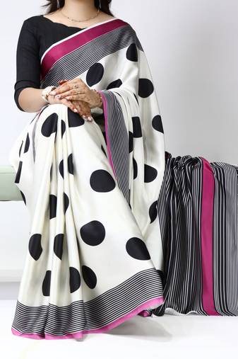 dark pink all over big polka dot printed japan satin saree