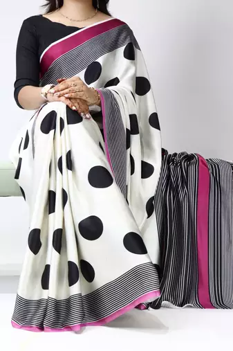 Dark-pink color all over big polka dot printed work japan satin saree with unstitched blouse