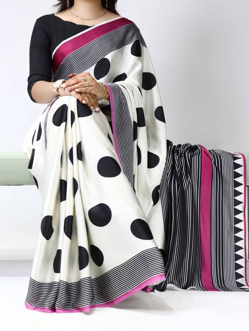 Dark-pink color all over big polka dot printed work japan satin saree with unstitched blouse