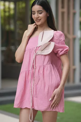 Baby pink pure cotton layered one shoulder floral summer mini dress