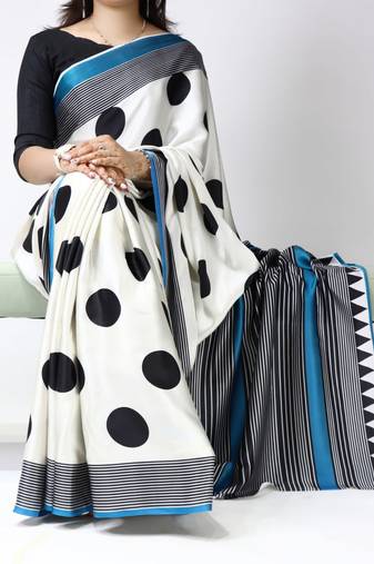firozi all over big polka dot printed japan satin saree without blouse