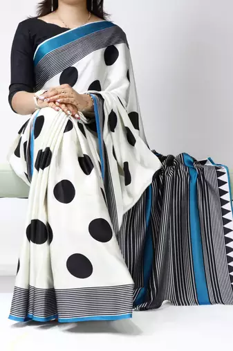Firozi color all over big polka dot printed work japan satin saree with unstitched blouse