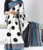 Firozi color all over big polka dot printed work japan satin saree with unstitched blouse