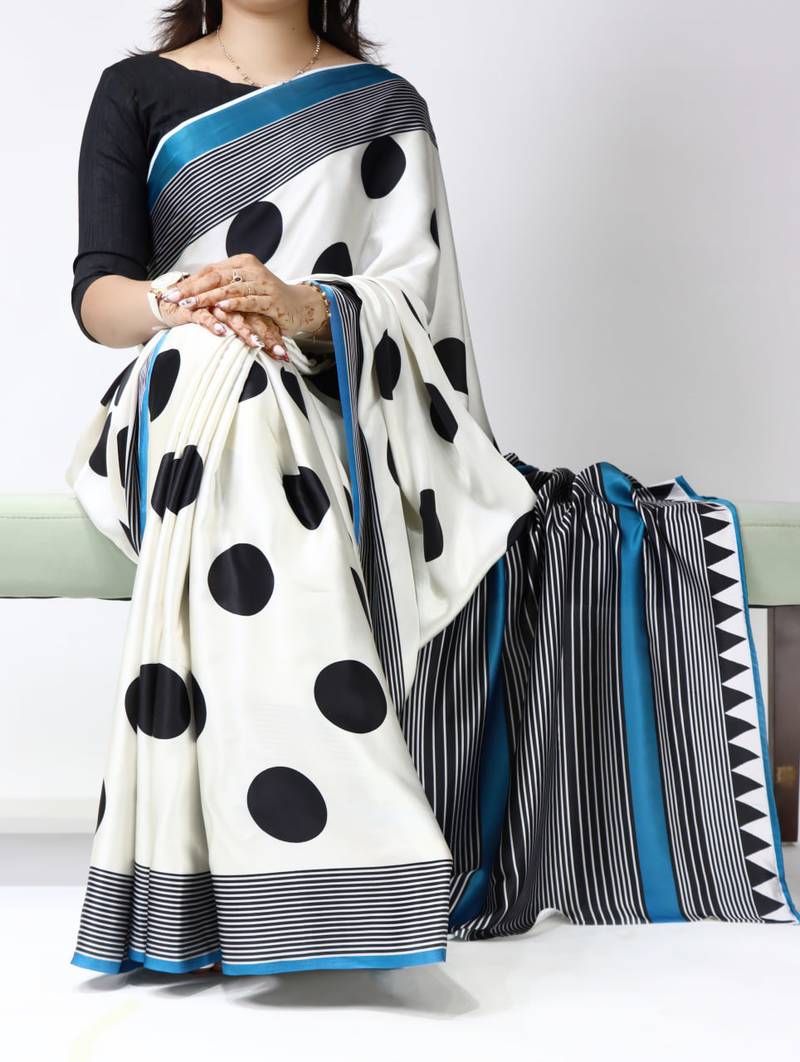 Firozi color all over big polka dot printed work japan satin saree with unstitched blouse