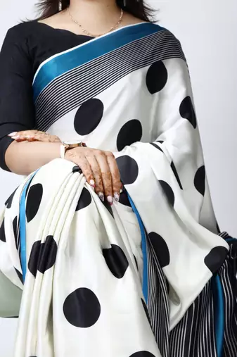 firozi all over big polka dot printed japan satin saree without blouse