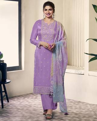 light purple embroidery cotton silk sequin work salwar suit dupatta set 1
