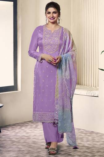 LightPurple Cotton Silk Embroidery Sequence Work Salwar Suit Dupatta Set For Women