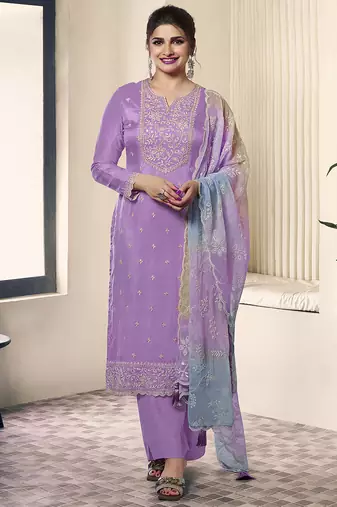LightPurple Cotton Silk Embroidery Sequence Work Salwar Suit Dupatta Set For Women