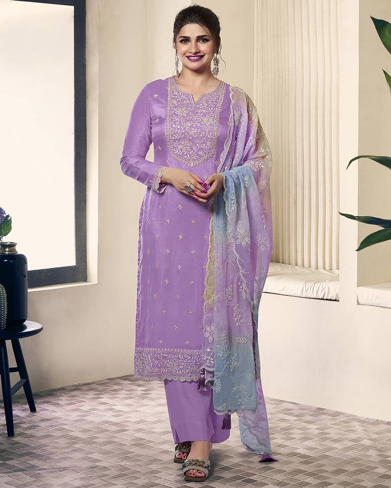 LightPurple Cotton Silk Embroidery Sequence Work Salwar Suit Dupatta Set For Women