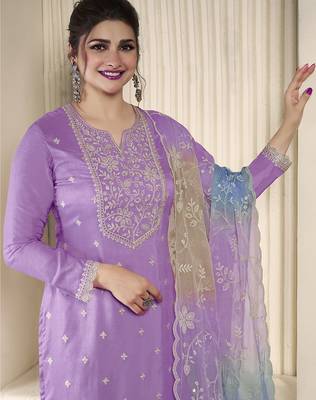 light purple embroidery cotton silk sequin work salwar suit dupatta set 2