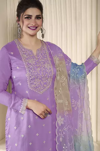 light purple embroidery cotton silk sequin work salwar suit dupatta set