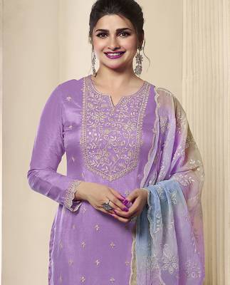 light purple embroidery cotton silk sequin work salwar suit dupatta set 4