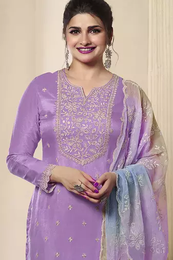 light purple embroidery cotton silk sequin work salwar suit dupatta set