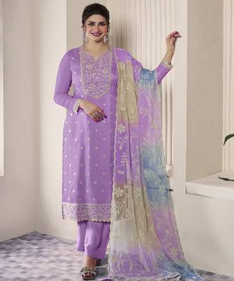 light purple embroidery cotton silk sequin work salwar suit dupatta set 5