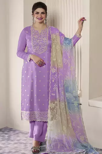 light purple embroidery cotton silk sequin work salwar suit dupatta set