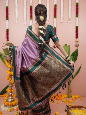 Light purple floral, zari work soft silk saree with blouse 4
