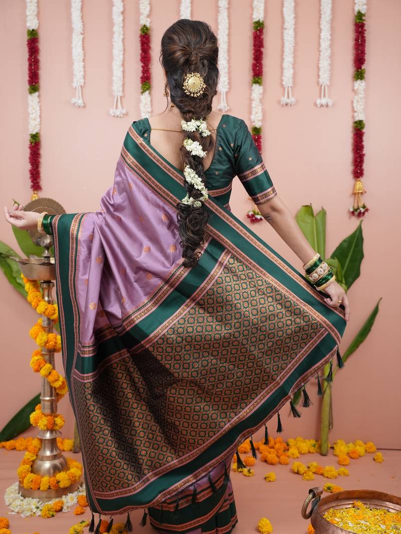 Light purple floral, zari work soft silk saree with blouse