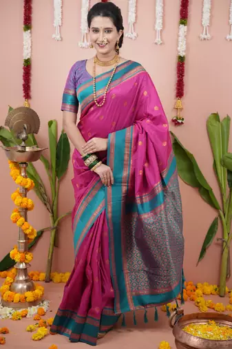 Rani pink floral, zari work soft silk saree with blouse