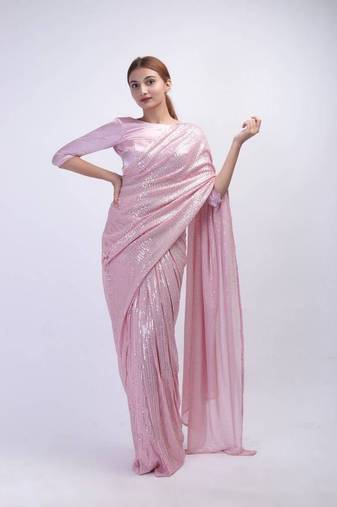 Light Pink Color  Sequins Work Silk Saree