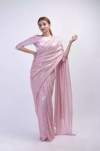 Light Pink Color  Sequins Work Silk Saree