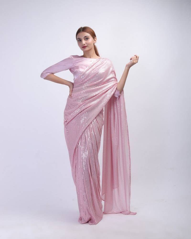 Light Pink Color  Sequins Work Silk Saree