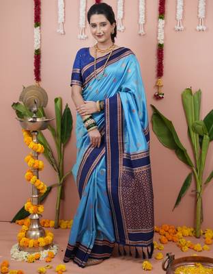Sky blue floral, zari work soft silk saree with blouse 2
