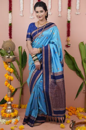 Sky blue floral, zari work soft silk saree with blouse
