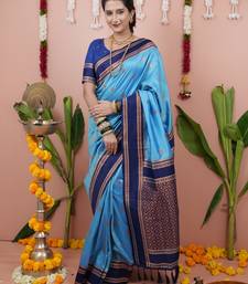 Sky blue floral, zari work soft silk saree with blouse