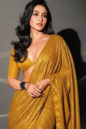 Yellow Color  Sequins Work Silk Saree