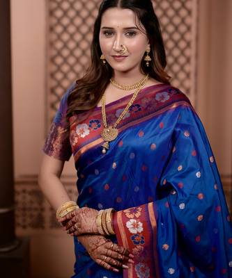 Blue floral, zari work soft silk saree with blouse 3