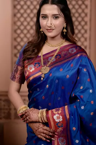 Blue floral, zari work soft silk saree with blouse